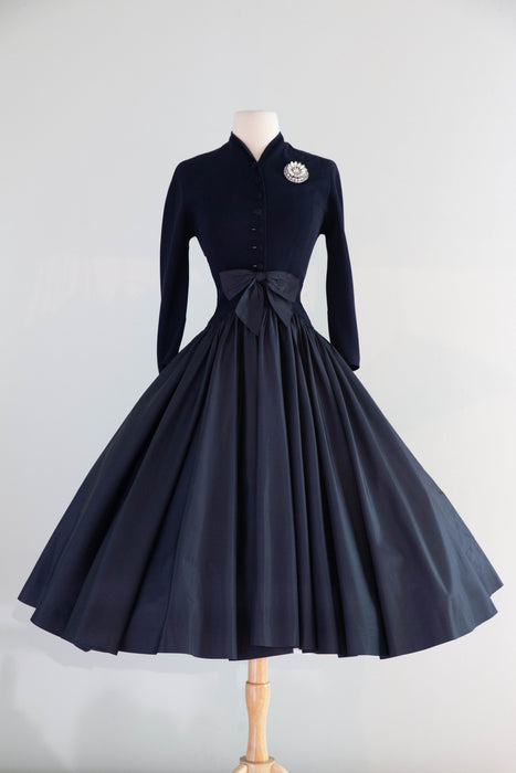 Exquisite 1950's Patullo Jo-Copeland Navy Blue Silk Cocktail Dress  / Small
