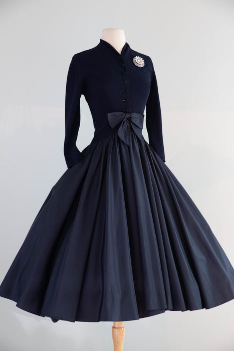 Exquisite 1950's Patullo Jo-Copeland Navy Blue Silk Cocktail Dress  / Small