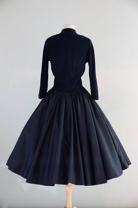 Exquisite 1950's Patullo Jo-Copeland Navy Blue Silk Cocktail Dress  / Small