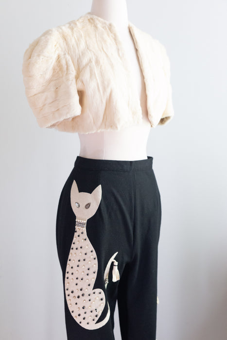 Iconic 1950's Bejeweled Princess Kitty Cigarette Pants in Wool Jersey / Small