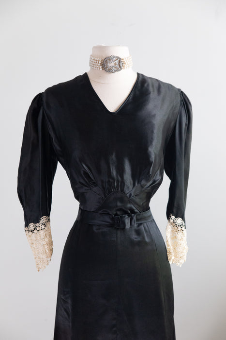 Pristine 1930's Glossy Black Silk Satin Evening Dress With Antique Lace Cuffs / L