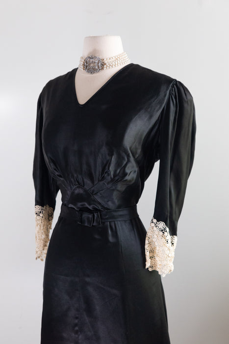 Pristine 1930's Glossy Black Silk Satin Evening Dress With Antique Lace Cuffs / L