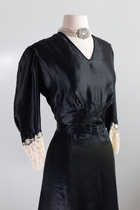 Pristine 1930's Glossy Black Silk Satin Evening Dress With Antique Lace Cuffs / L