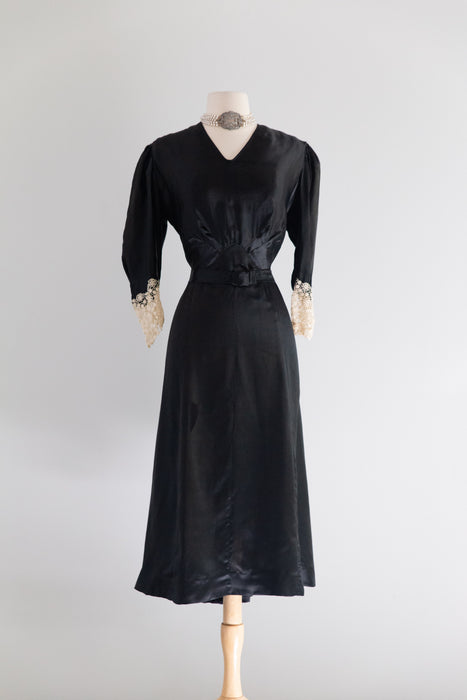 Pristine 1930's Glossy Black Silk Satin Evening Dress With Antique Lace Cuffs / L