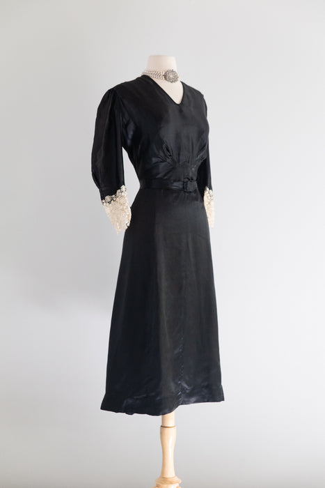 Pristine 1930's Glossy Black Silk Satin Evening Dress With Antique Lace Cuffs / L