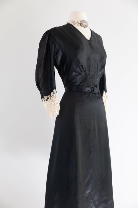 Pristine 1930's Glossy Black Silk Satin Evening Dress With Antique Lace Cuffs / L
