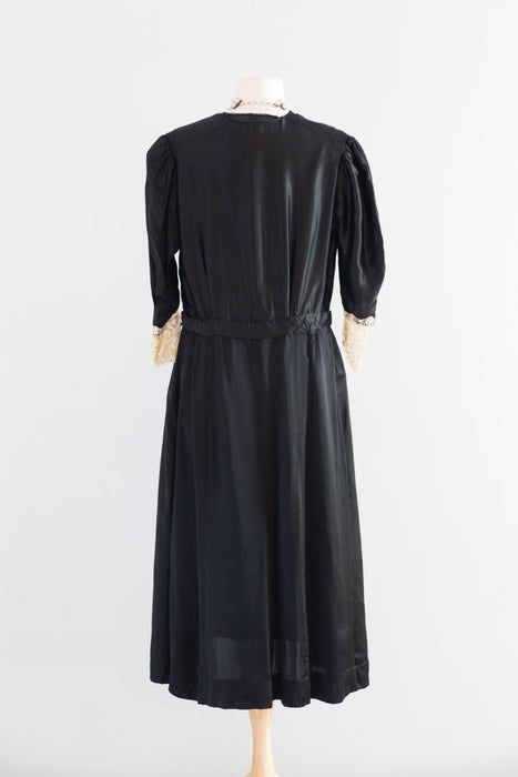 Pristine 1930's Glossy Black Silk Satin Evening Dress With Antique Lace Cuffs / L
