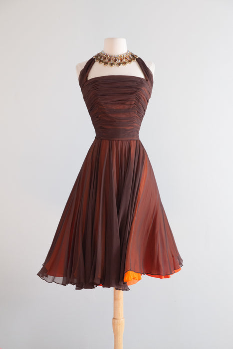 Stunning Late 1950's Travilla Chocolate Orange Silk Chiffon Cocktail Dress / S