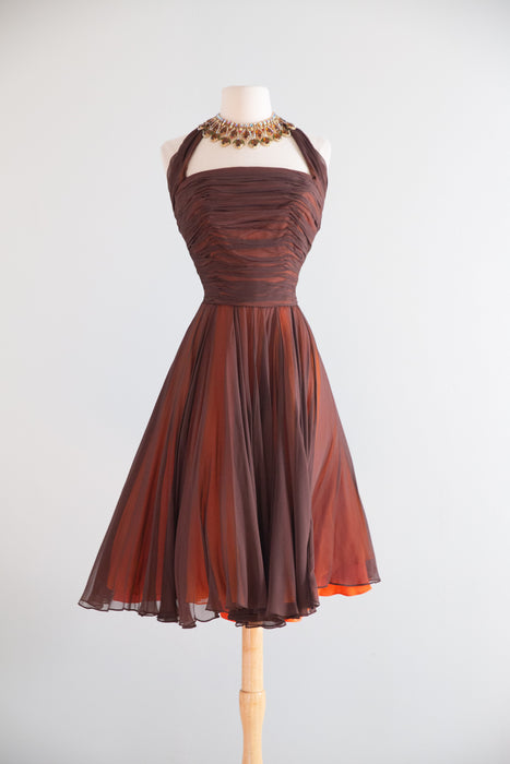 Stunning Late 1950's Travilla Chocolate Orange Silk Chiffon Cocktail Dress / S