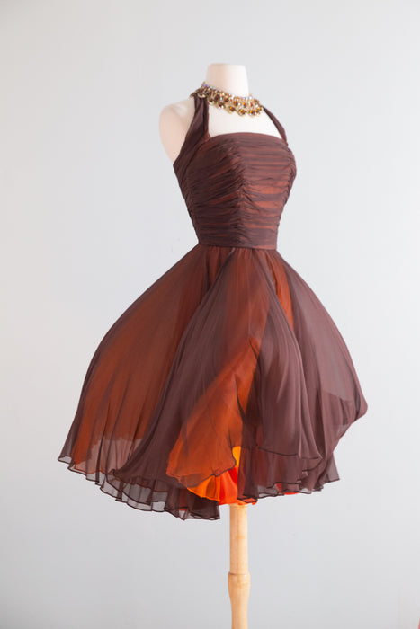Stunning Late 1950's Travilla Chocolate Orange Silk Chiffon Cocktail Dress / S