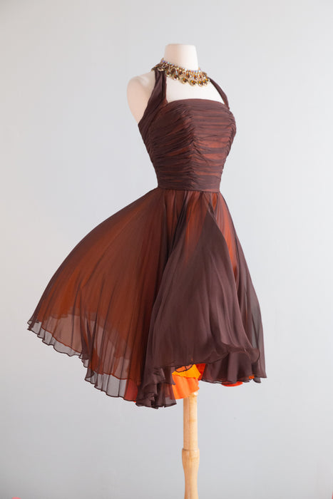 Stunning Late 1950's Travilla Chocolate Orange Silk Chiffon Cocktail Dress / S