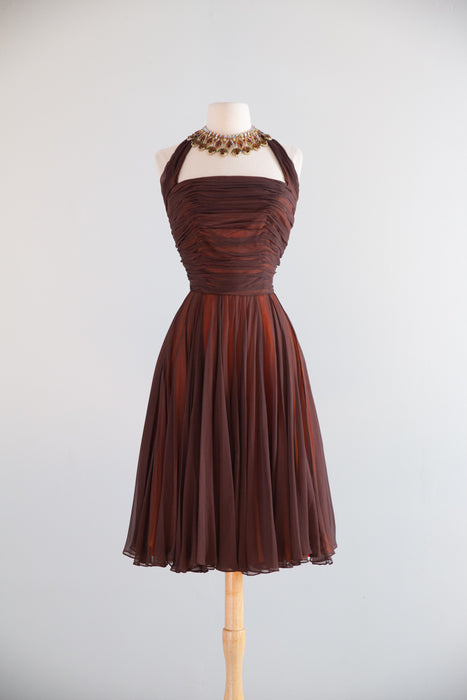 Stunning Late 1950's Travilla Chocolate Orange Silk Chiffon Cocktail Dress / S