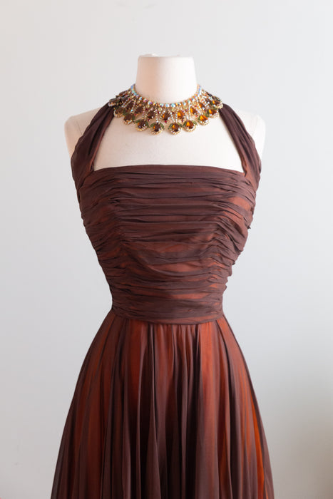 Stunning Late 1950's Travilla Chocolate Orange Silk Chiffon Cocktail Dress / S