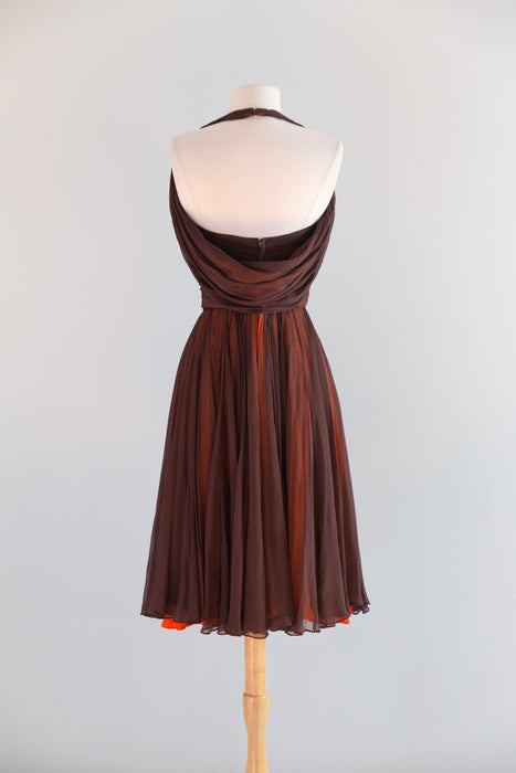 Stunning Late 1950's Travilla Chocolate Orange Silk Chiffon Cocktail Dress / S