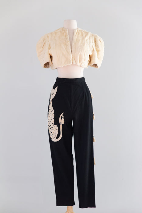 Iconic 1950's Bejeweled Princess Kitty Cigarette Pants in Wool Jersey / Small