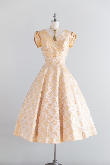 Gorgeous 1950's Golden Satin Floral Brocade Party Dress With Full Skirt / S