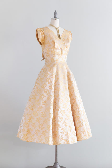 Gorgeous 1950's Golden Satin Floral Brocade Party Dress With Full Skirt / S
