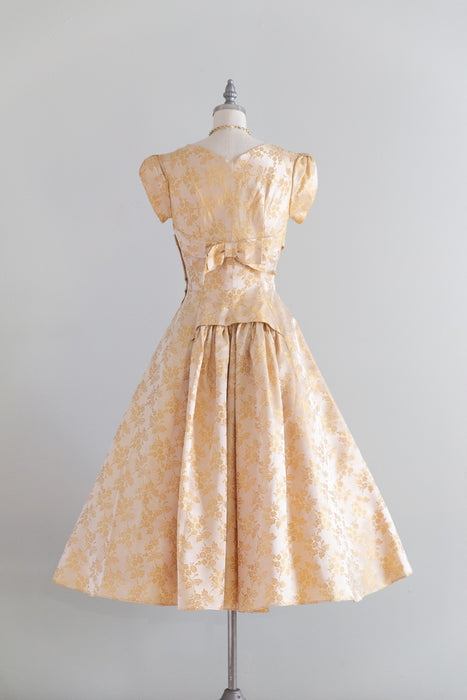 Gorgeous 1950's Golden Satin Floral Brocade Party Dress With Full Skirt / S
