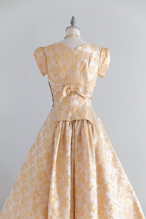 Gorgeous 1950's Golden Satin Floral Brocade Party Dress With Full Skirt / S