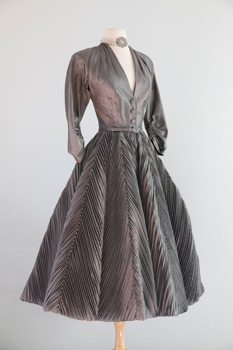 Magnificent 1950's "New Look" Silk Cocktail Dress With Chevron Pleating Attributed to Werle / S