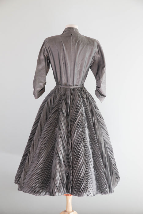 Magnificent 1950's "New Look" Silk Cocktail Dress With Chevron Pleating Attributed to Werle / S