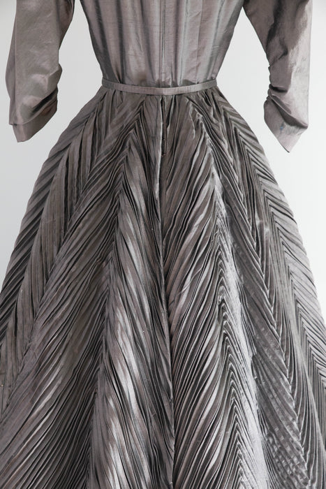 Magnificent 1950's "New Look" Silk Cocktail Dress With Chevron Pleating Attributed to Werle / S