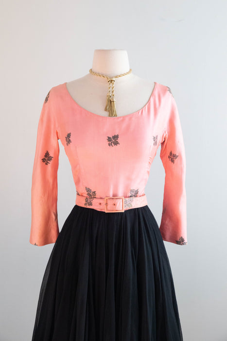 Stunning 1950’s Traina-Norell Pink & Black Sari Silk Cocktail Dress / XS