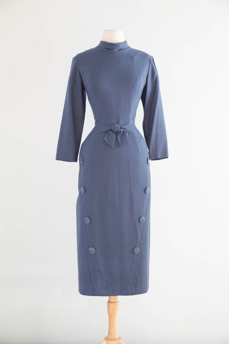 Tailored To Perfection 1950’s Azure Blue Wool Wiggle Dress / M