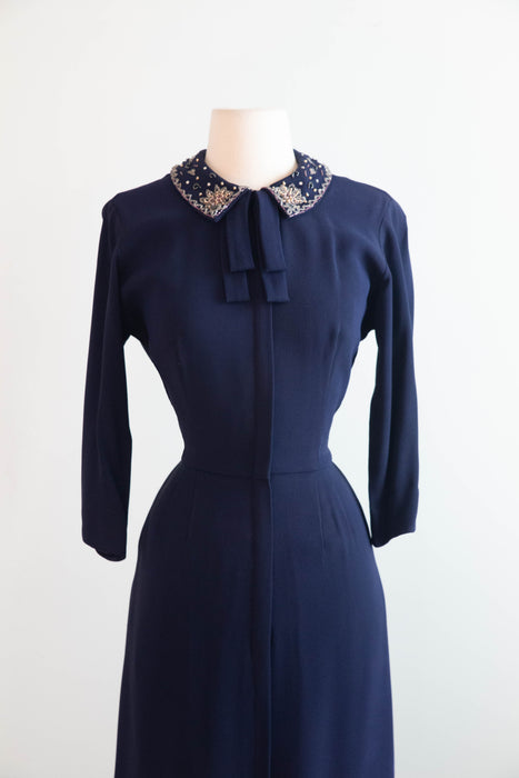 Elegant Early 1950's Navy Blue Rayon Dress With Embellished Pearl Collar & Pockets / SM