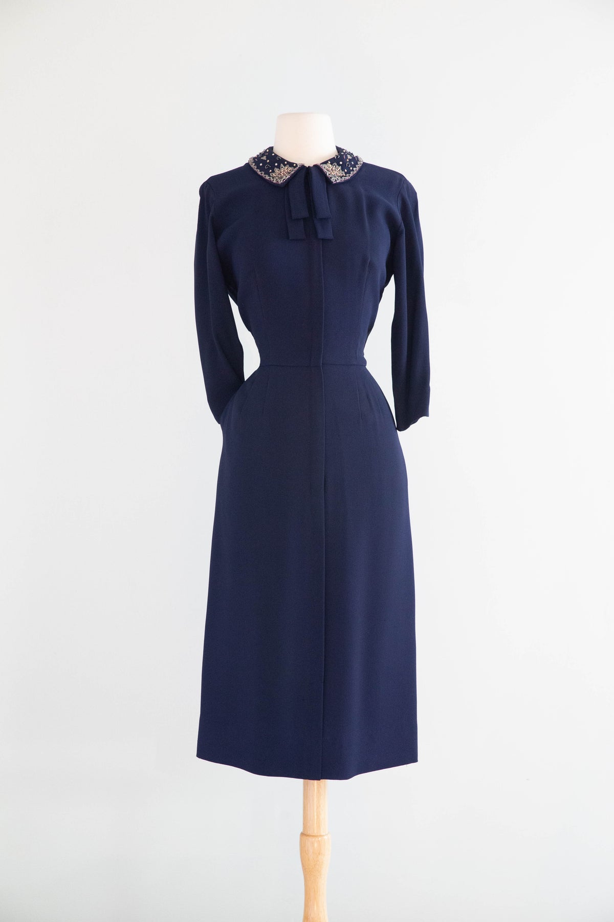 Elegant Early 1950's Navy Blue Rayon Dress With Embellished Pearl Collar Pockets SM