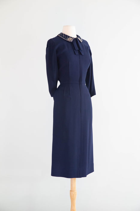 Elegant Early 1950's Navy Blue Rayon Dress With Embellished Pearl Collar & Pockets / SM