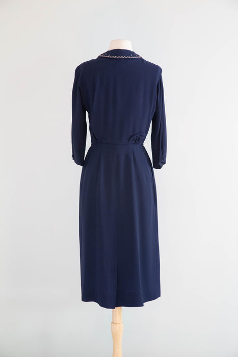 Elegant Early 1950's Navy Blue Rayon Dress With Embellished Pearl Collar & Pockets / SM