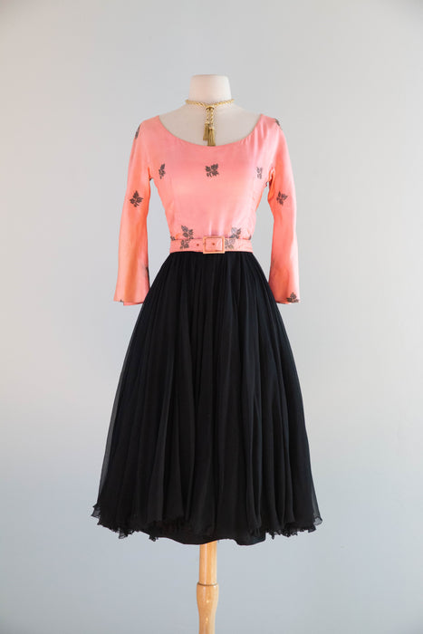 Stunning 1950’s Traina-Norell Pink & Black Sari Silk Cocktail Dress / XS