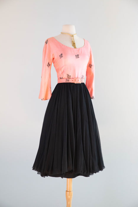 Stunning 1950’s Traina-Norell Pink & Black Sari Silk Cocktail Dress / XS