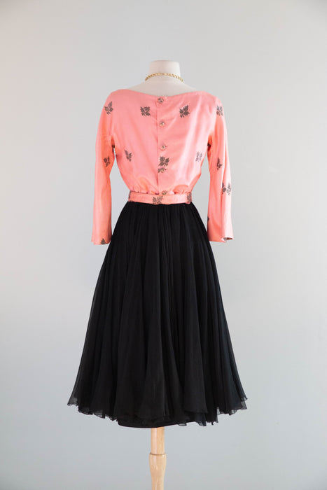 Stunning 1950’s Traina-Norell Pink & Black Sari Silk Cocktail Dress / XS