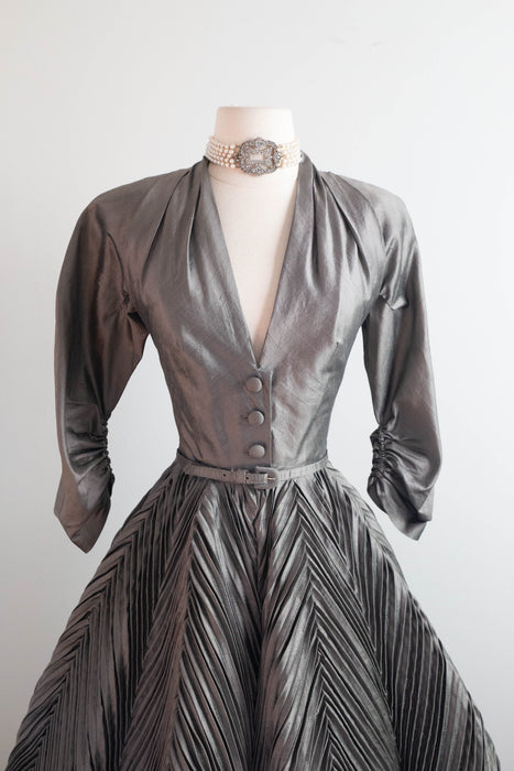Magnificent 1950's "New Look" Silk Cocktail Dress With Chevron Pleating Attributed to Werle / S