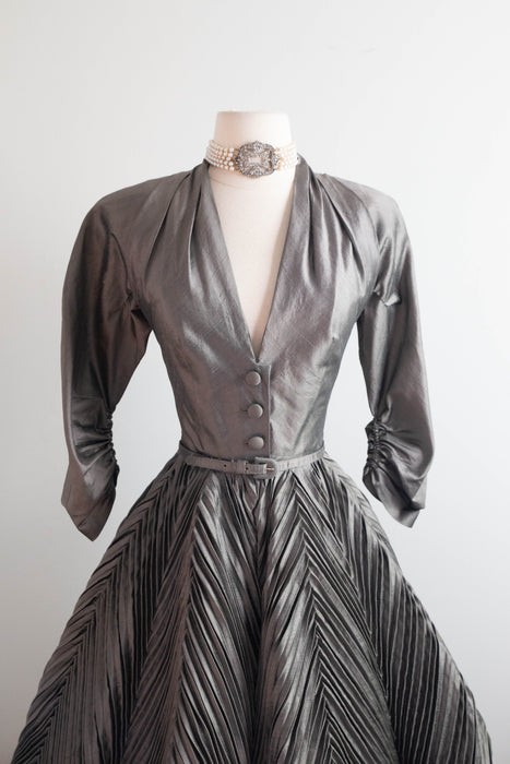 Magnificent 1950's "New Look" Silk Cocktail Dress With Chevron Pleating Attributed to Werle / S