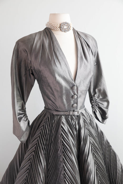 Magnificent 1950's "New Look" Silk Cocktail Dress With Chevron Pleating Attributed to Werle / S