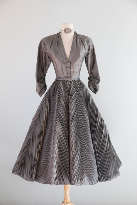 Magnificent 1950's "New Look" Silk Cocktail Dress With Chevron Pleating Attributed to Werle / S