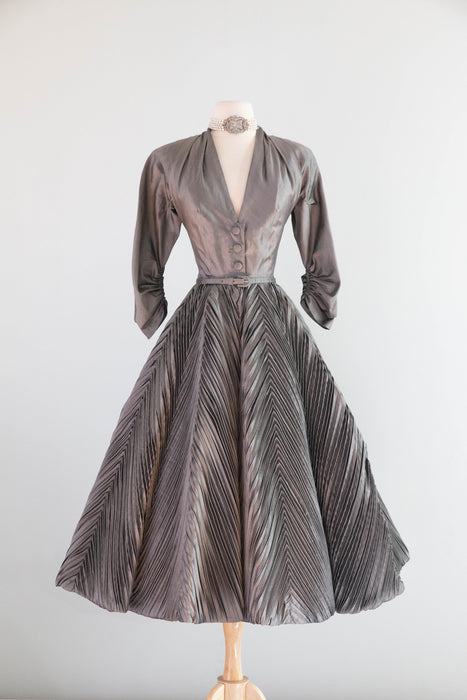 Magnificent 1950's "New Look" Silk Cocktail Dress With Chevron Pleating Attributed to Werle / S