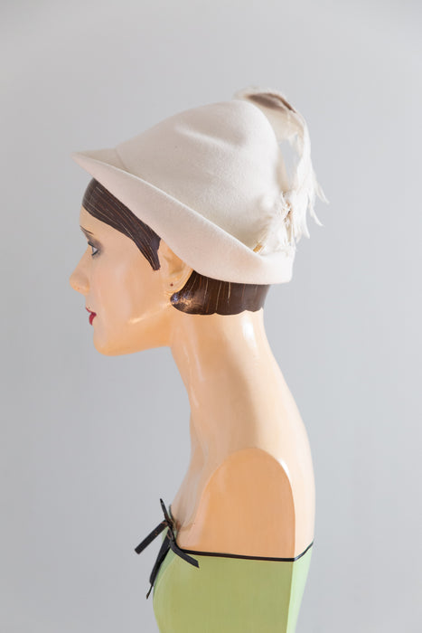 Late 1940's Ivory Felt Feathered Robin Hood Hat From Bullocks Pasadena