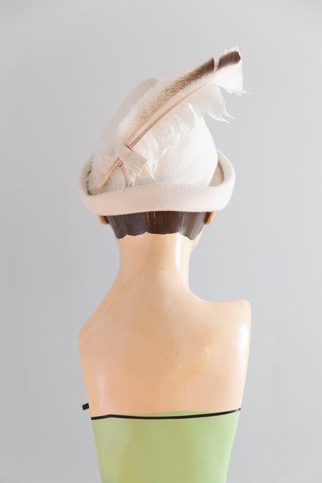 Late 1940's Ivory Felt Feathered Robin Hood Hat From Bullocks Pasadena