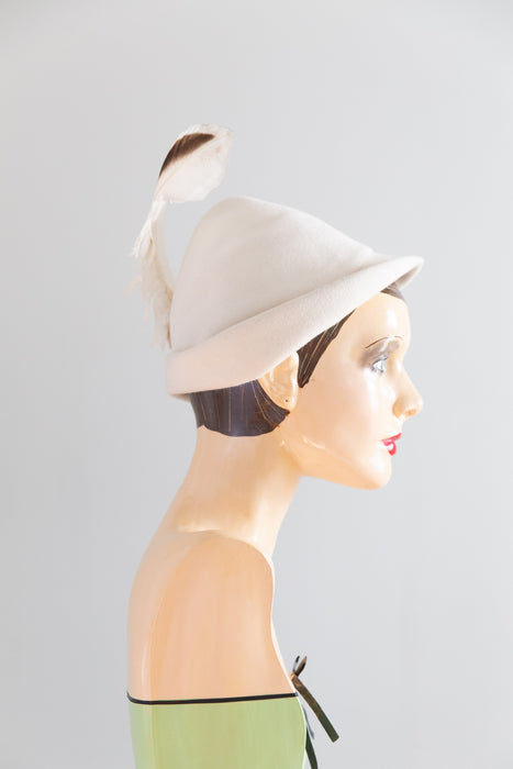 Late 1940's Ivory Felt Feathered Robin Hood Hat From Bullocks Pasadena
