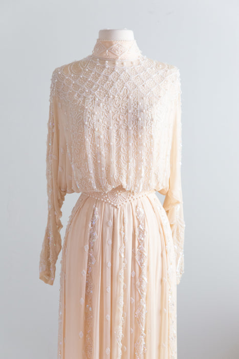 Dreamy 1980's Edwardian Inspired Oleg Cassini Beaded Silk Chiffon Wedding Gown / S
