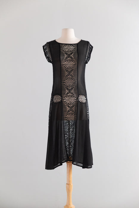1920s Black Silk Chiffon and Spider Web Lace Flapper Dress / S