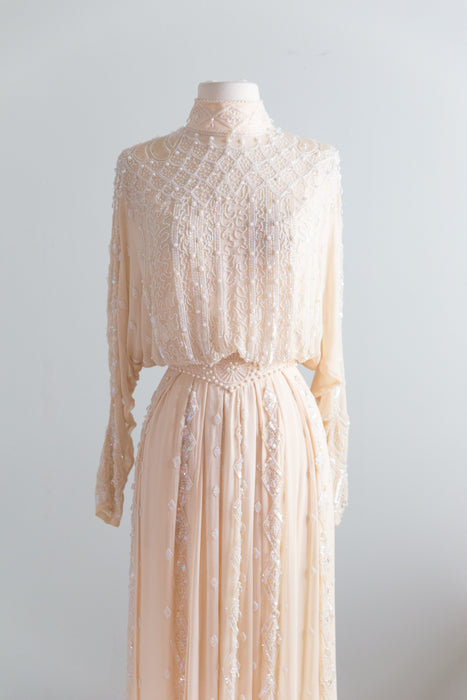 Dreamy 1980's Edwardian Inspired Oleg Cassini Beaded Silk Chiffon Wedding Gown / S