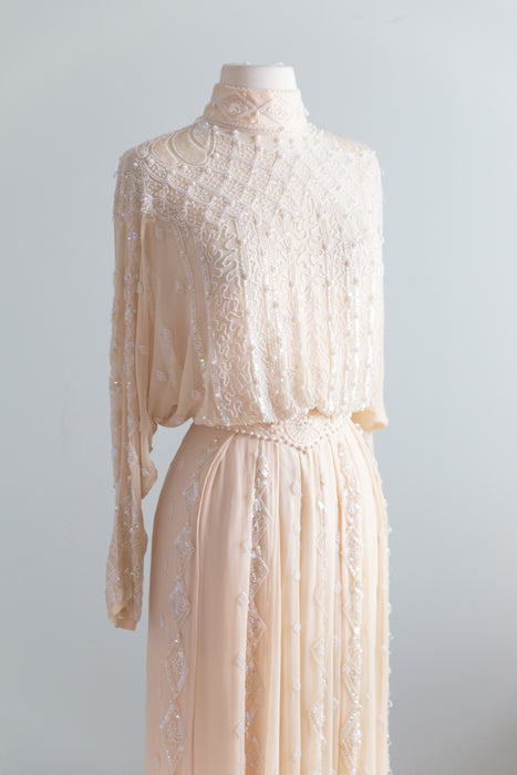 Dreamy 1980's Edwardian Inspired Oleg Cassini Beaded Silk Chiffon Wedding Gown / S