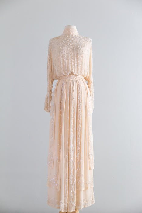 Dreamy 1980's Edwardian Inspired Oleg Cassini Beaded Silk Chiffon Wedding Gown / S