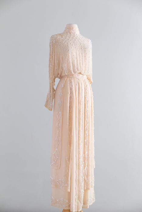 Dreamy 1980's Edwardian Inspired Oleg Cassini Beaded Silk Chiffon Wedding Gown / S