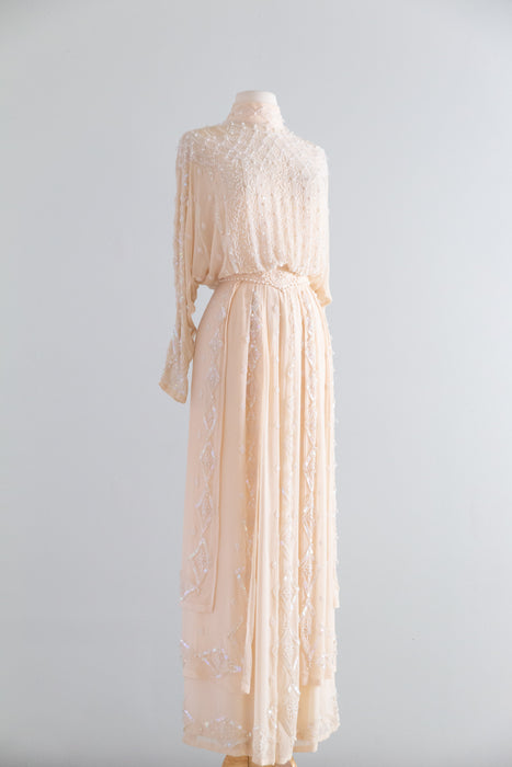 Dreamy 1980's Edwardian Inspired Oleg Cassini Beaded Silk Chiffon Wedding Gown / S